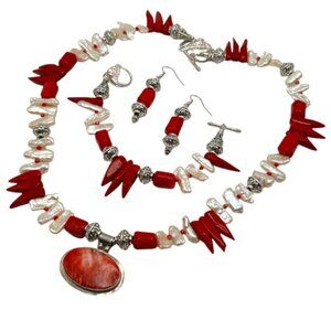 Handmade Jewelry Set ~ Vintage Coral Pendant, Red Coral & Biwi Pearl